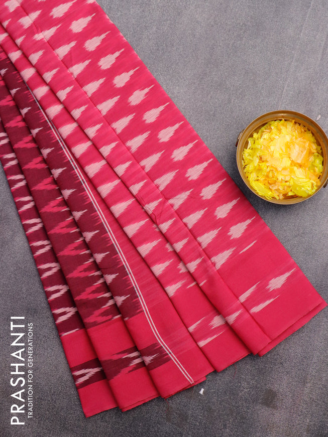 Ikat cotton saree magenta pink and pink with zig zag weaves and simple border without blouse