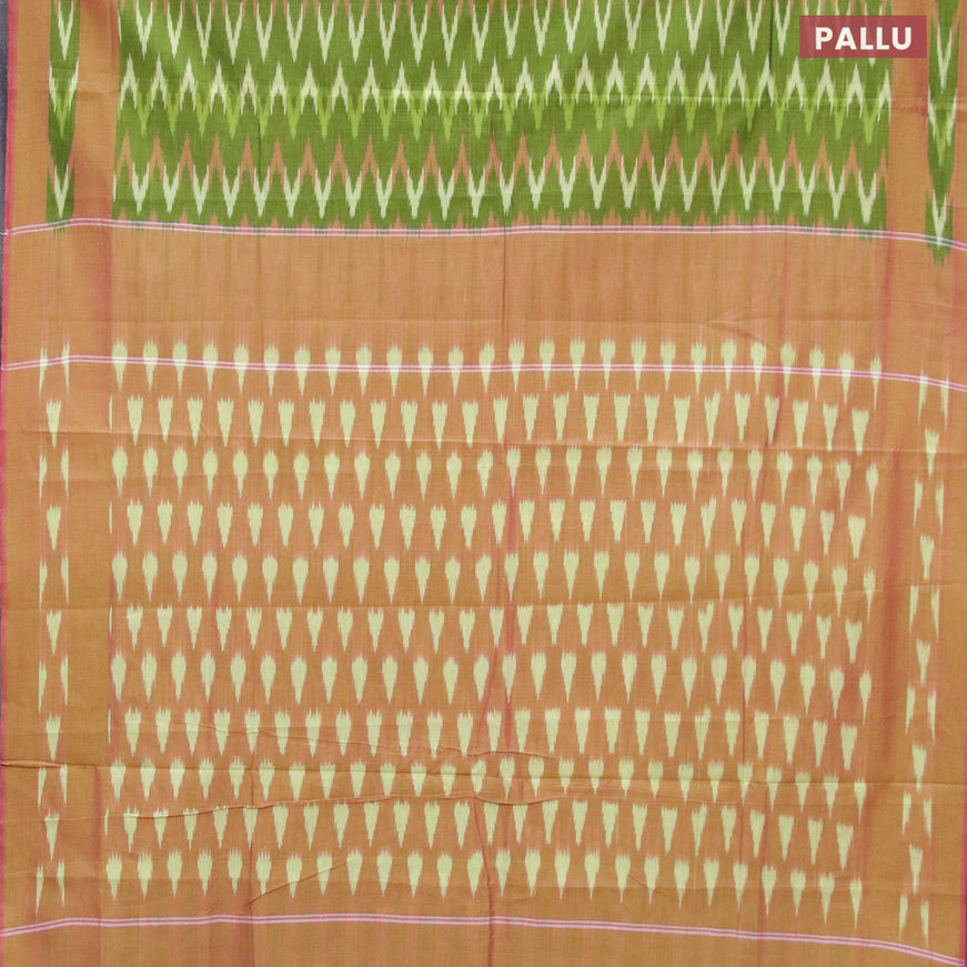 Ikat cotton saree green and dual shade of pink with zig zag weaves and simple border without blouse