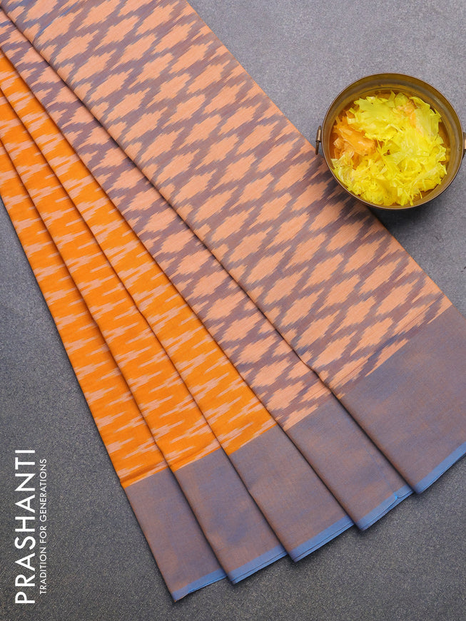 Ikat cotton saree orange and dual shade of blue with zig zag weaves and simple border without blouse
