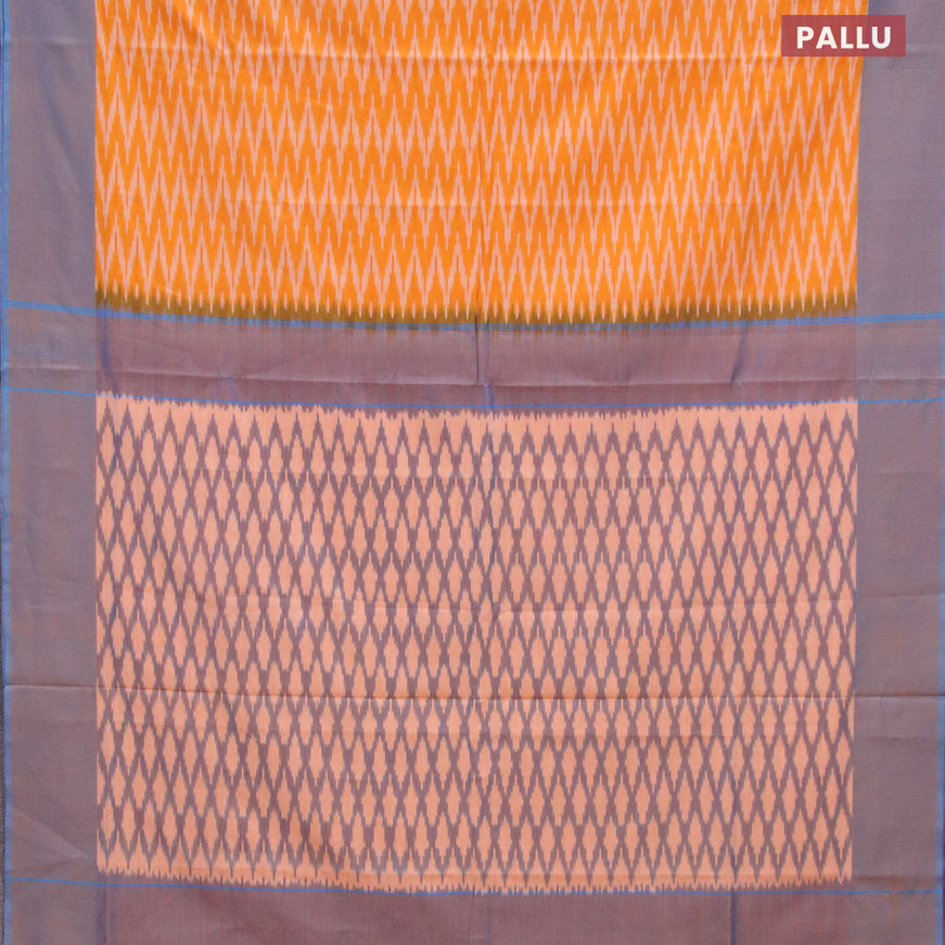 Ikat cotton saree orange and dual shade of blue with zig zag weaves and simple border without blouse
