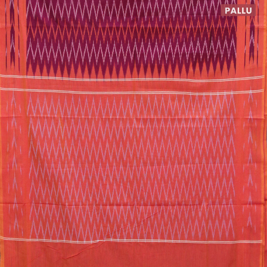 Ikat cotton saree magenta pink and orange with zig zag weaves and simple border without blouse
