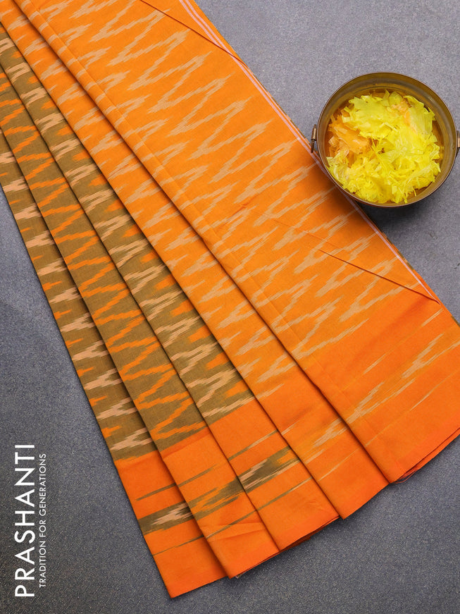 Ikat cotton saree mustard shade and orange with zig zag weaves and simple border without blouse