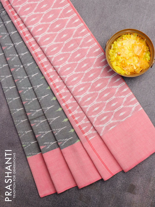 Ikat cotton saree grey and light pink with allover ikat weaves and simple border without blouse