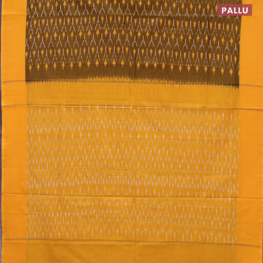 Ikat cotton saree mustard shade and yellow with allover ikat weaves and simple border without blouse