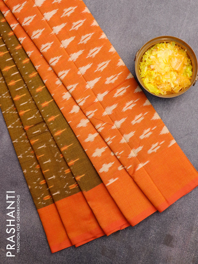 Ikat cotton saree mustard shade and dual shade of pinkish orange with allover ikat weaves and simple border without blouse
