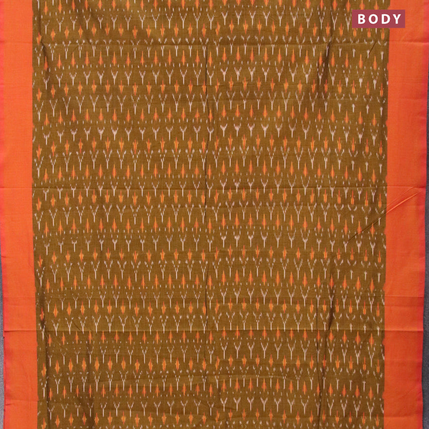 Ikat cotton saree mustard shade and dual shade of pinkish orange with allover ikat weaves and simple border without blouse