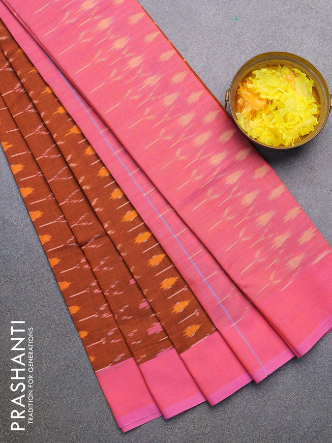Ikat cotton saree rust shade and light pink with allover ikat weaves and simple border without blouse