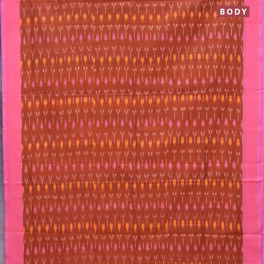 Ikat cotton saree rust shade and light pink with allover ikat weaves and simple border without blouse