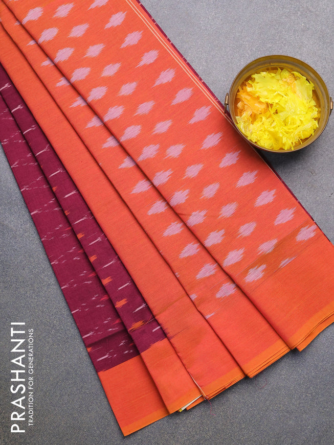 Ikat cotton saree purple and dual shade of yellowish pink with allover ikat weaves and simple border without blouse