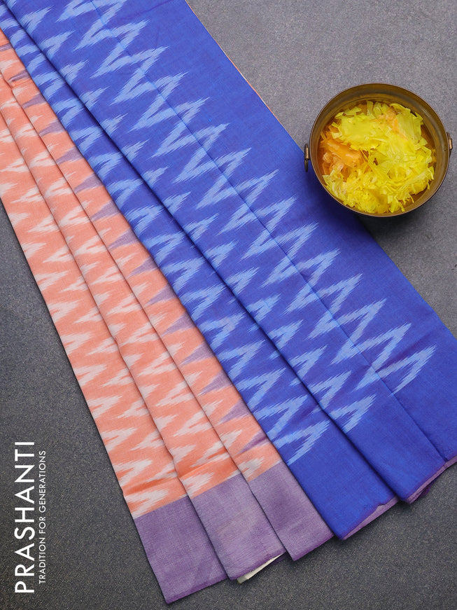 Ikat cotton saree orange and violet with zig zag weaves and simple border without blouse