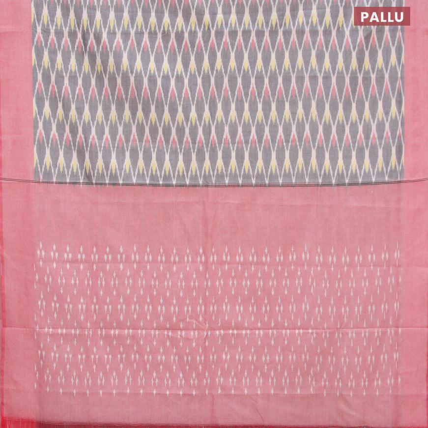 Ikat cotton saree grey and red shade with allover ikat weaves and simple border without blouse