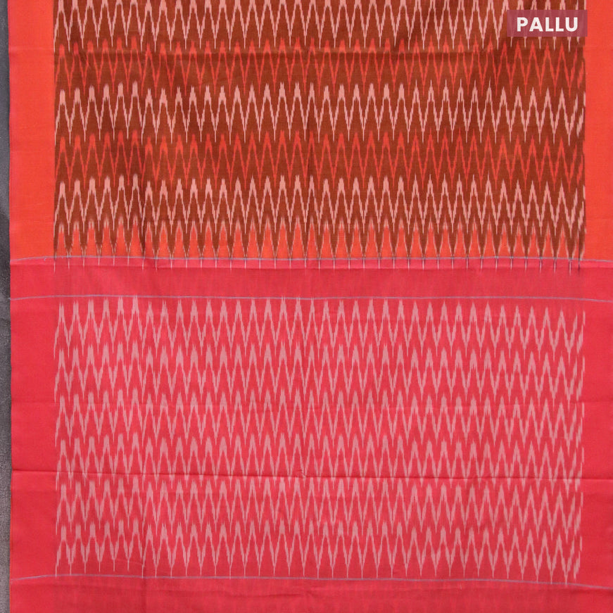 Ikat cotton saree rust shade and pink with allover ikat weaves and simple border without blouse