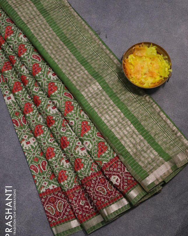Semi gadwal saree green and maroon with allover small zari checks & patola prints and zari woven border