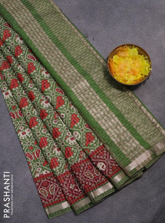 Semi gadwal saree green and maroon with allover small zari checks & patola prints and zari woven border