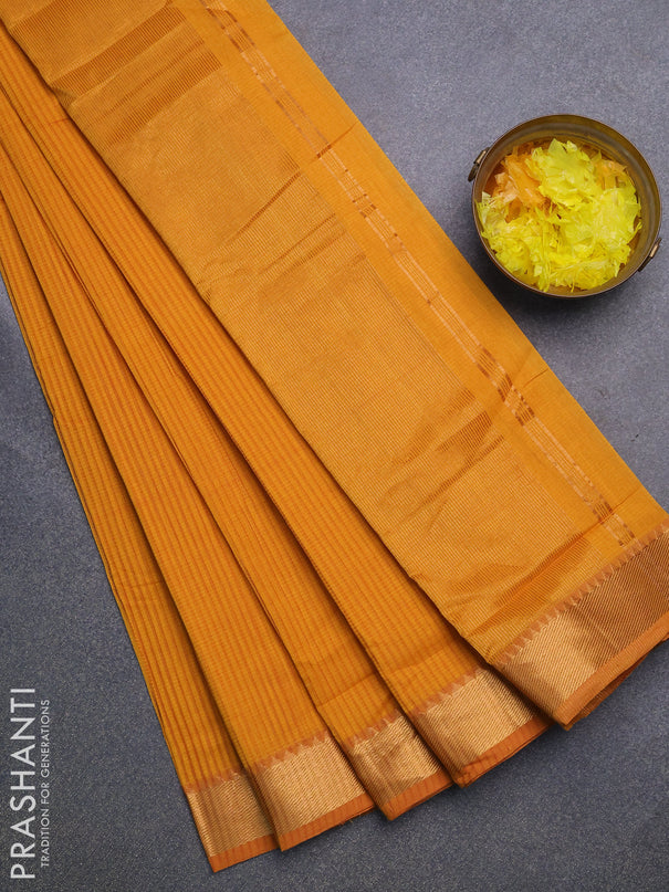 Mangalgiri cotton saree mustard yellow with allover stripes pattern and mangalgiri zari border