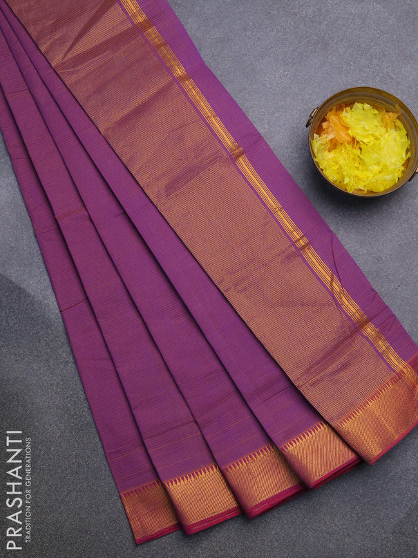 Mangalgiri cotton saree violet and magenta pink with allover stripes pattern and mangalgiri zari border