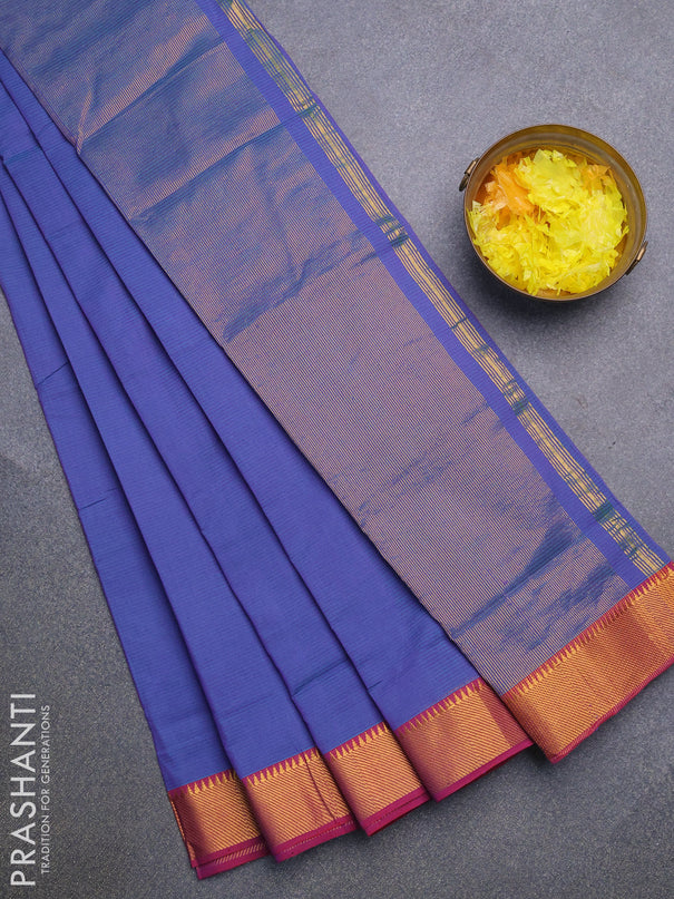 Mangalgiri cotton saree dual shade of blue and magenta pink with allover stripes pattern and mangalgiri zari border