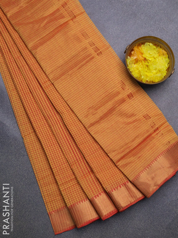 Mangalgiri cotton saree mustard yellow and red with allover stripes pattern and mangalgiri zari border