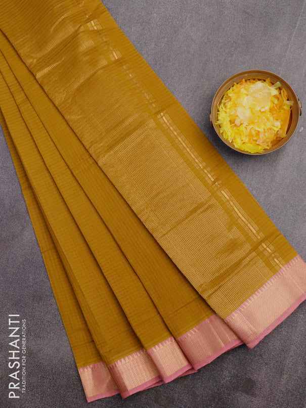 Mangalgiri cotton saree mustard yellow and light pink with allover checked pattern and mangalgiri zari border