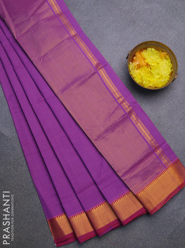 Mangalgiri cotton saree violet and dual shade of maroon with allover stripes pattern and mangalgiri zari border