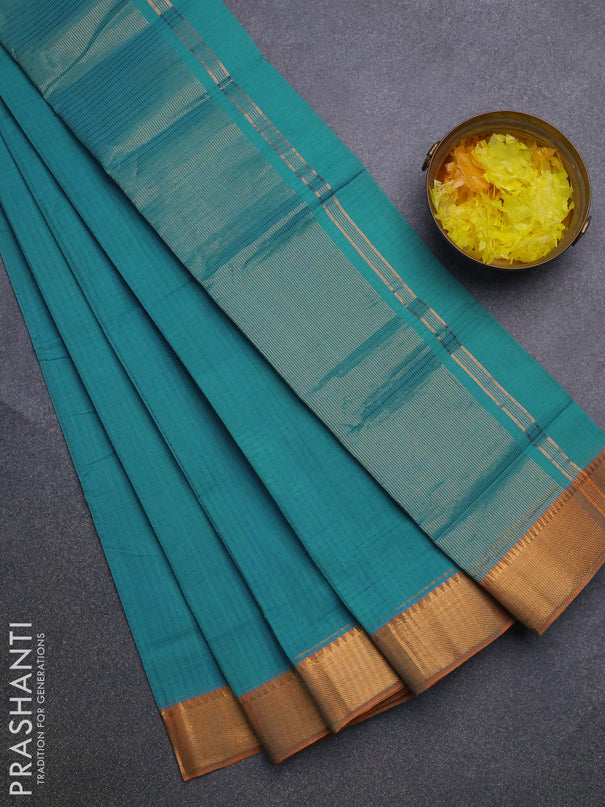 Mangalgiri cotton saree teal blue and orange with allover checked pattern and mangalgiri zari border