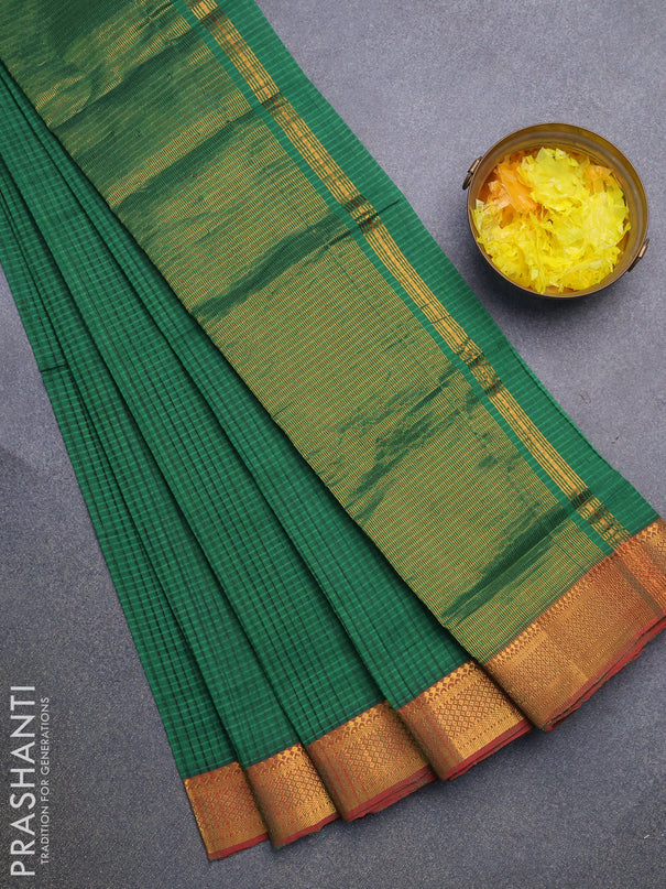 Mangalgiri cotton saree green and red shade with allover stripes pattern and mangalgiri zari border