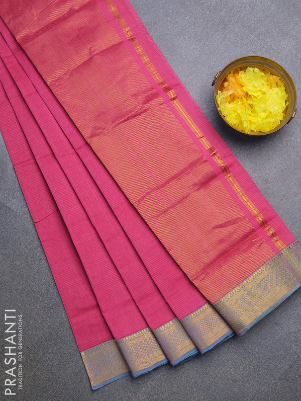 Mangalgiri cotton saree pink and blue with allover stripes pattern and mangalgiri zari border