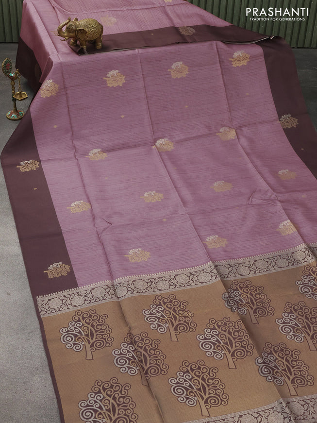 Semi tussar saree mild purple and deep jamun shade with zari woven buttas and simple border