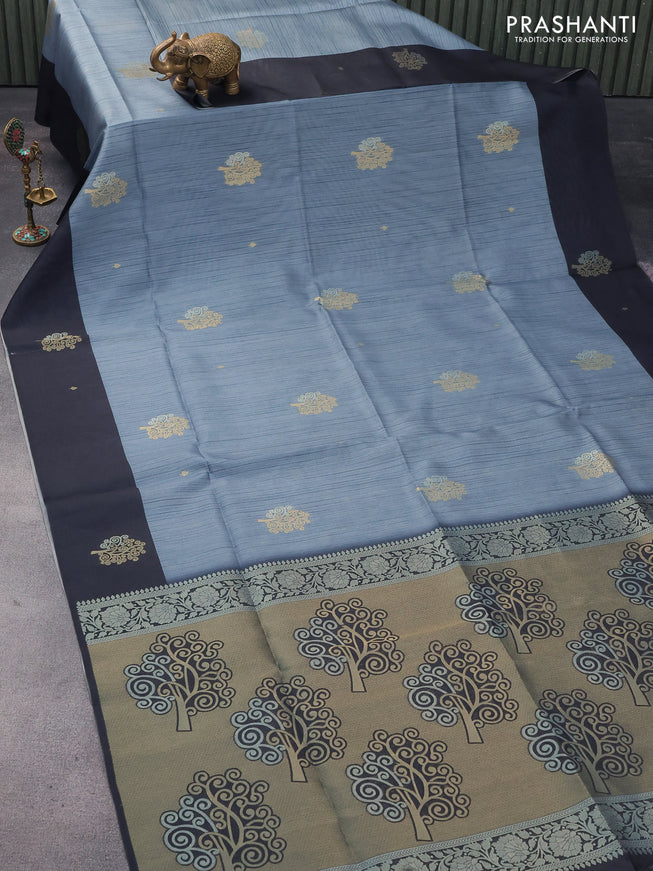 Semi tussar saree grey and black with zari woven buttas and simple border