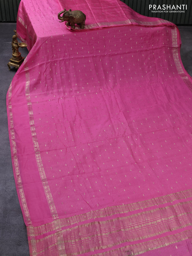 Semi chanderi saree pink with allover zari weaves and rettapet zari woven border - printed blouse