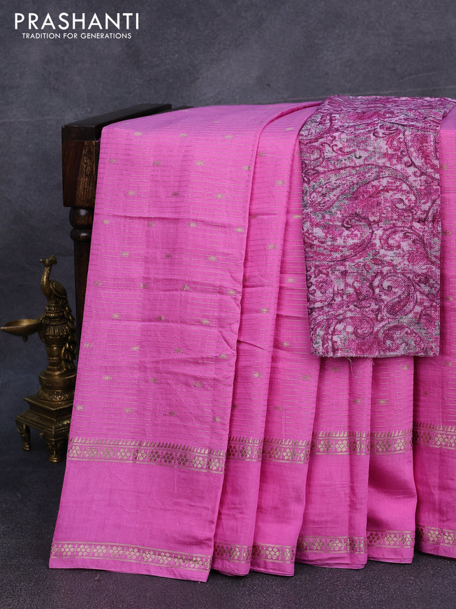 Semi chanderi saree light pink with allover zari weaves and rettapet zari woven border - printed blouse