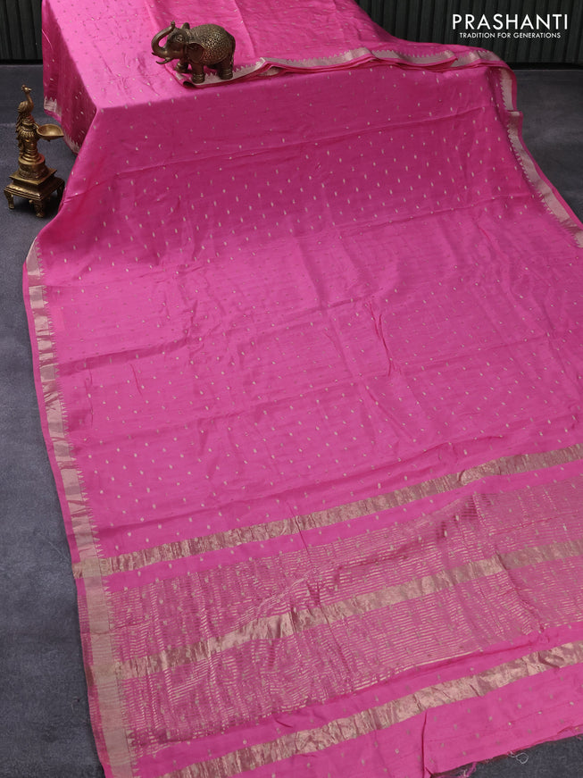 Semi chanderi saree pink with allover zari woven buttas and temple zari woven border - printed blouse