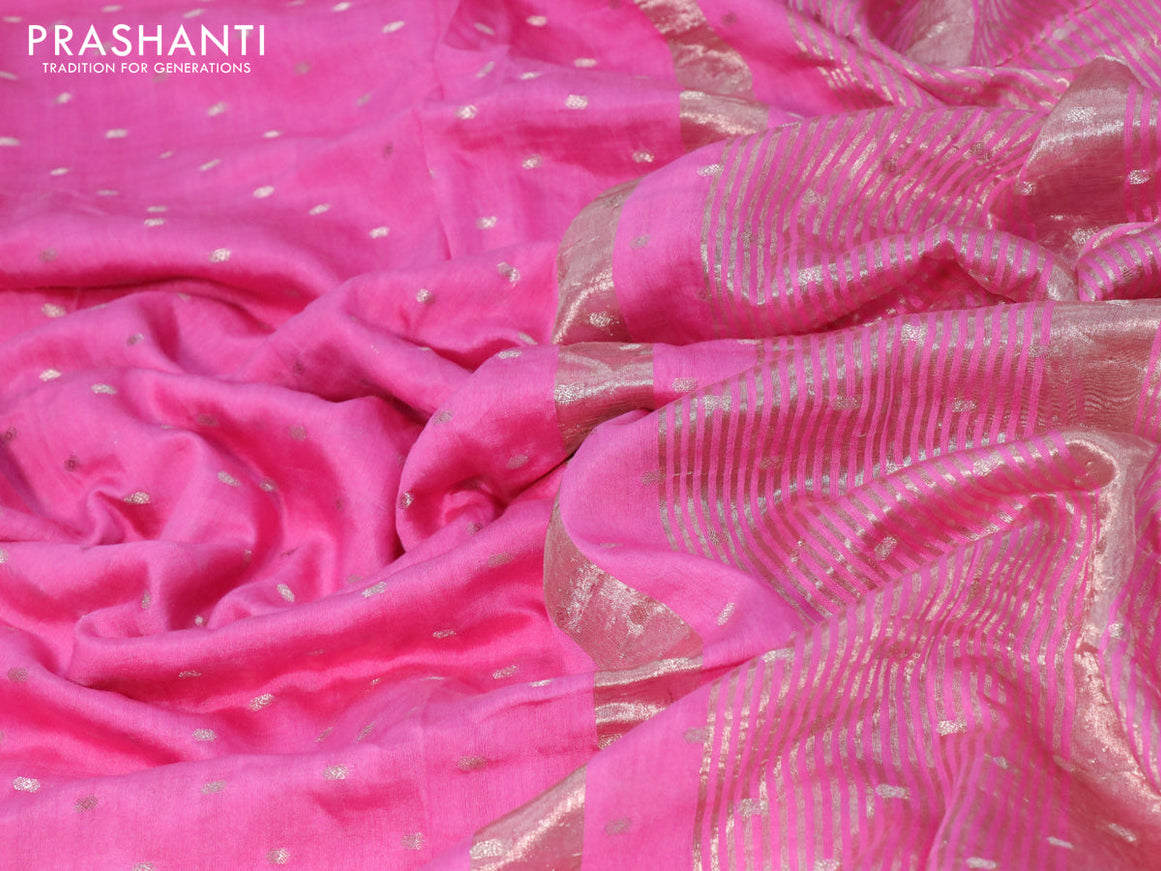 Semi chanderi saree pink with allover zari woven buttas and temple zari woven border - printed blouse