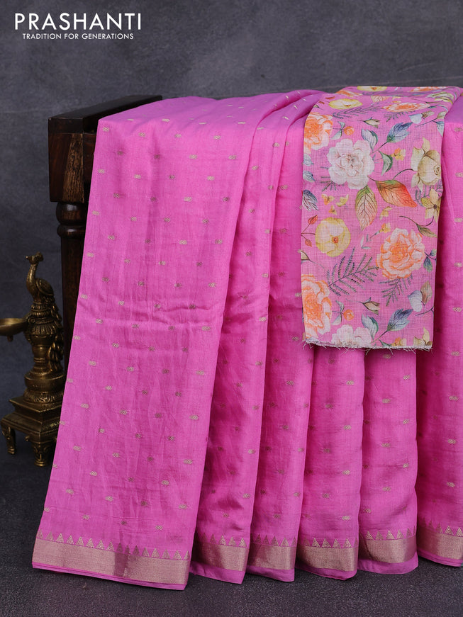 Semi chanderi saree light pink with allover zari woven buttas and temple zari woven border - printed blouse