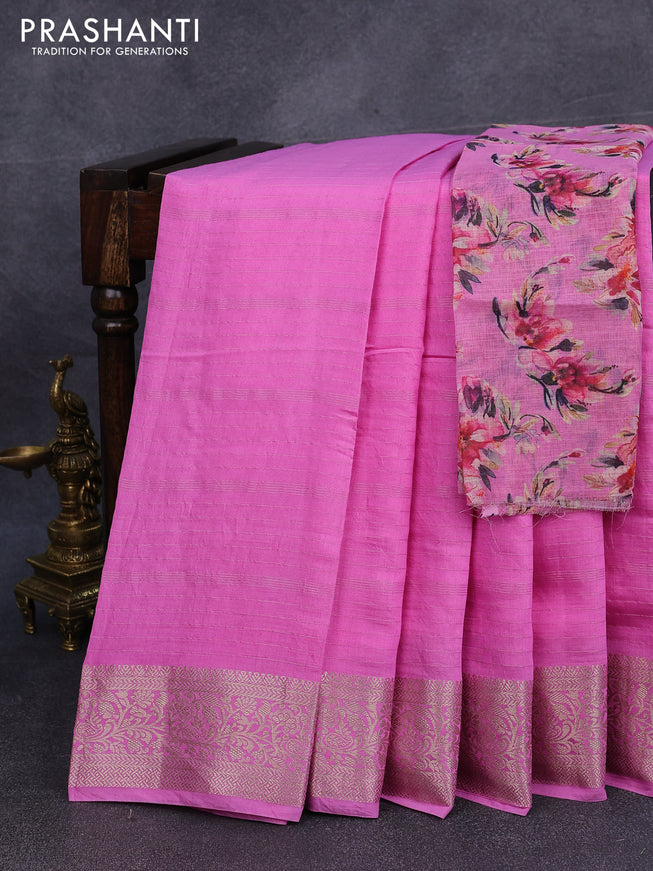 Semi chanderi saree light pink with allover zari weaves and zari woven border - printed blouse