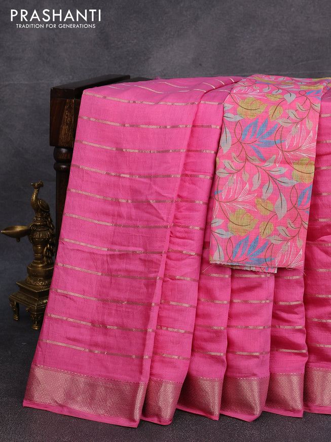 Semi chanderi saree pink with allover zari stripes pattern and zari woven border - printed blouse