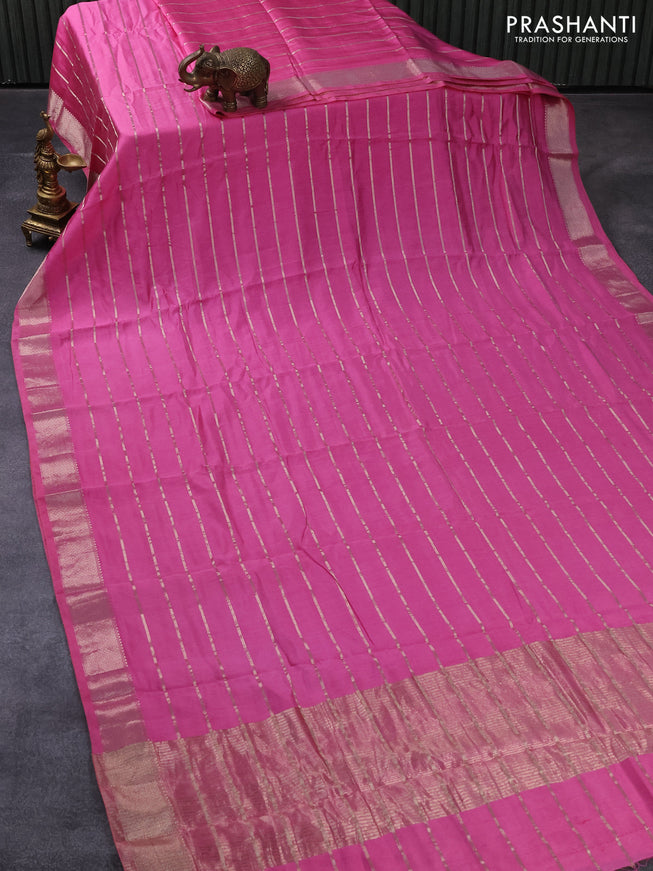 Semi chanderi saree pink with allover zari stripes pattern and zari woven border - printed blouse