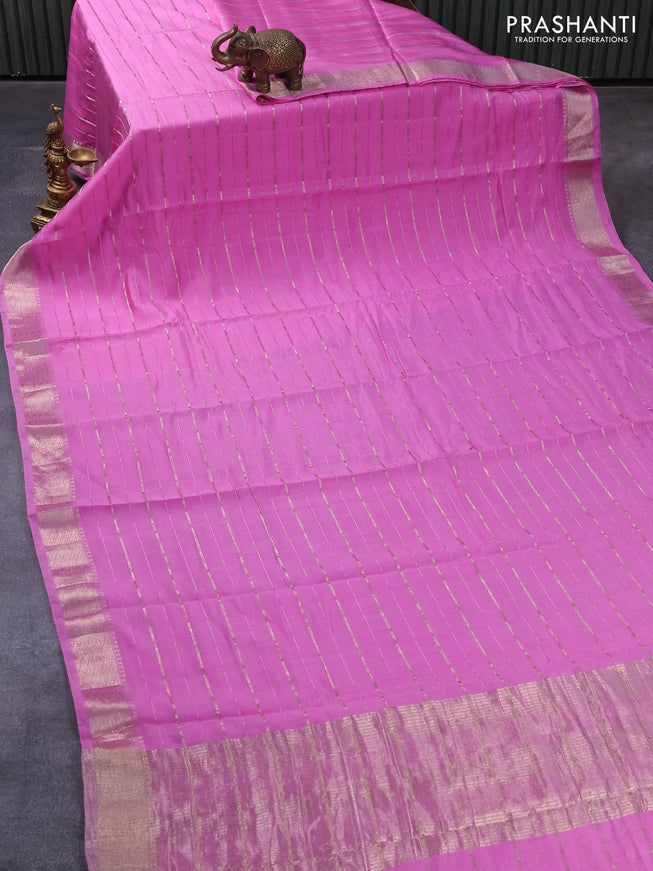 Semi chanderi saree light pink with allover zari stripes pattern and zari woven border - printed blouse