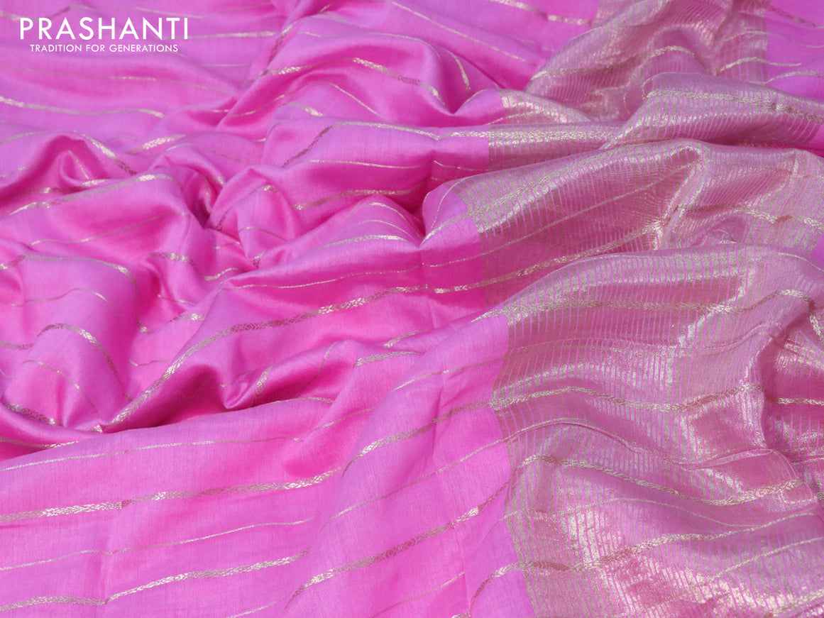 Semi chanderi saree light pink with allover zari stripes pattern and zari woven border - printed blouse