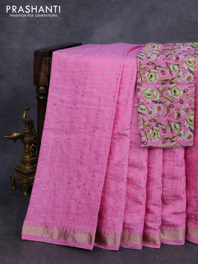 Semi chanderi saree pink with allover zari checks & buttas and zari woven border - printed blouse