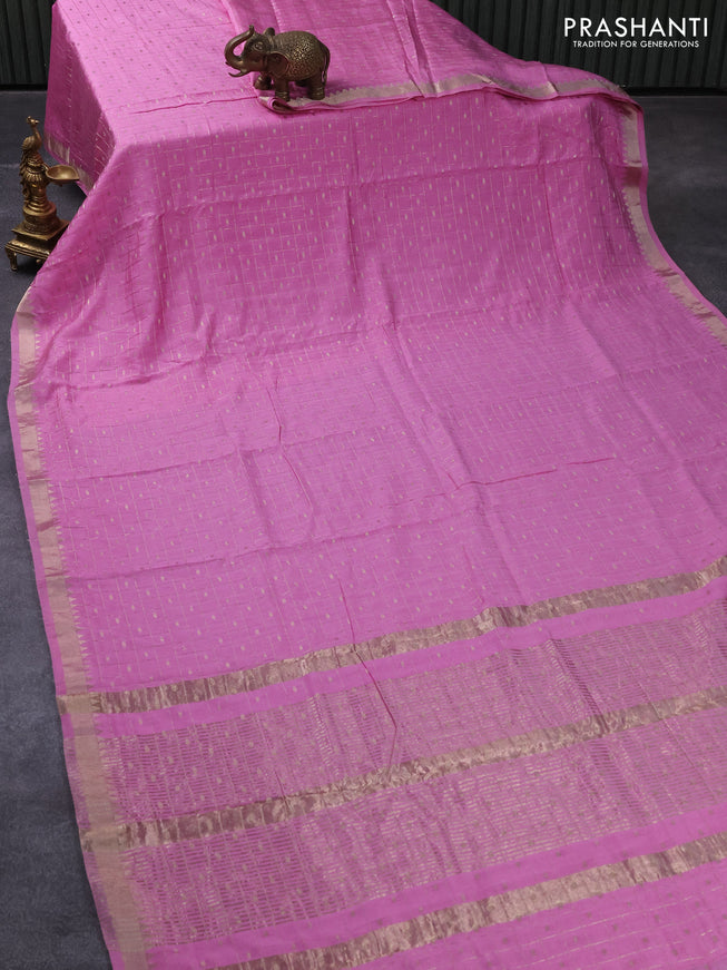 Semi chanderi saree pink with allover zari checks & buttas and zari woven border - printed blouse