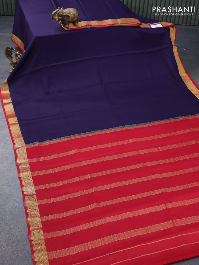 Mysore silk saree dark blue and red with plain body and zari woven border plain body