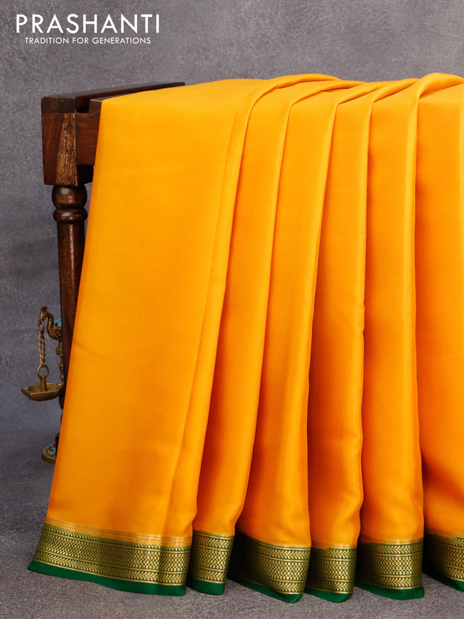 Mysore silk saree mustard yellow and green with plain body and zari woven border plain body