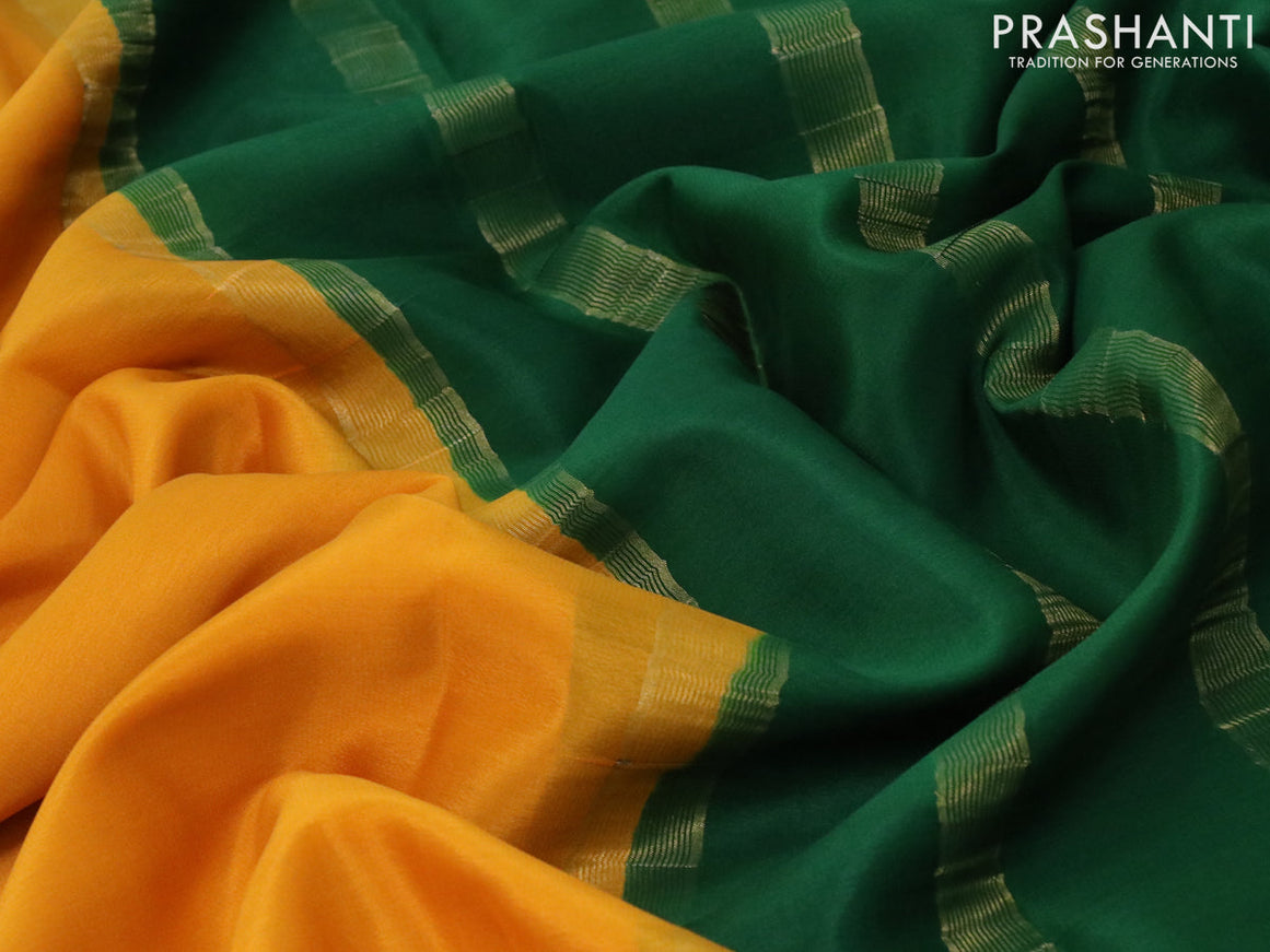 Mysore silk saree mustard yellow and green with plain body and zari woven border plain body