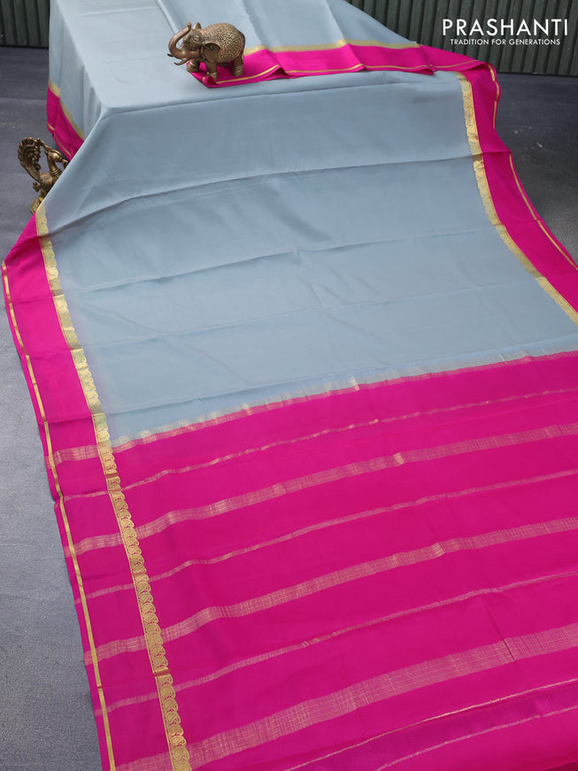 Mysore silk saree greyish green and pink with plain body and rettapet zari woven border plain body