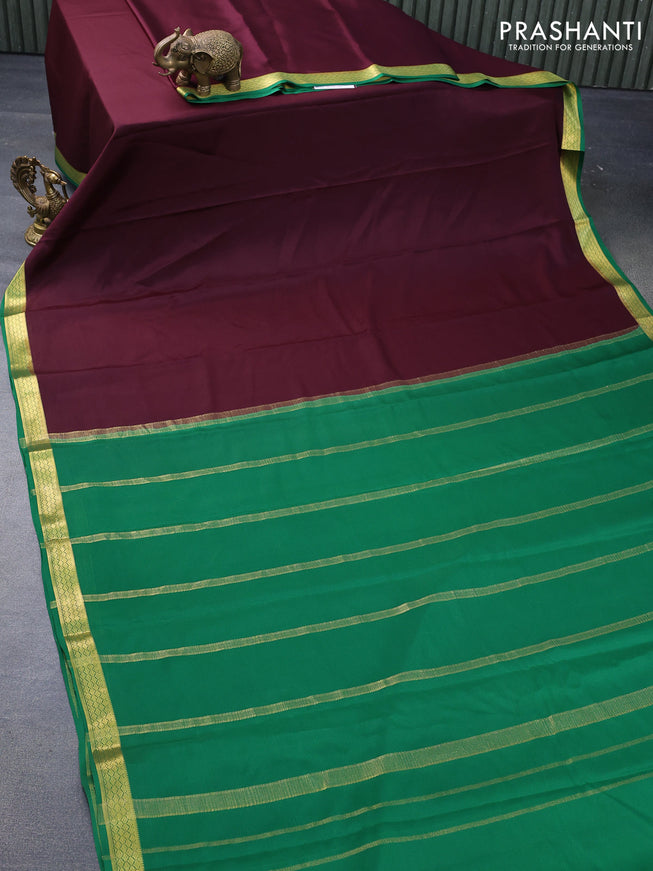 Mysore silk saree coffee brown and green with plain body and zari woven border plain body