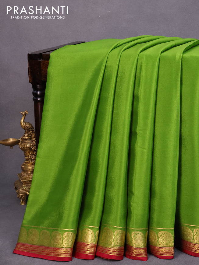 Mysore silk saree green and maroon with plain body and paisley zari woven border plain body