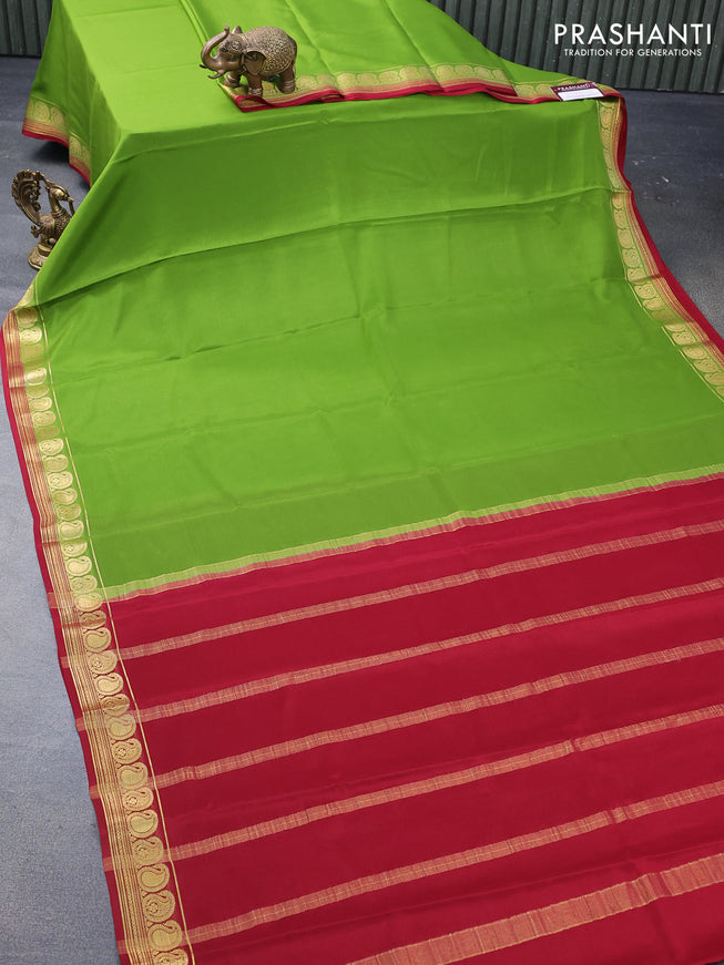 Mysore silk saree green and maroon with plain body and paisley zari woven border plain body