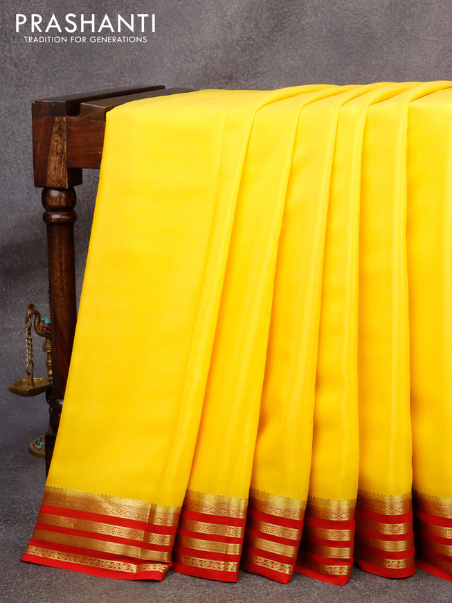 Mysore silk saree yellow and red with plain body and zari woven border plain body