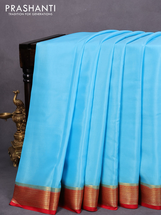 Mysore silk saree light blue and red with plain body and zari woven border plain body